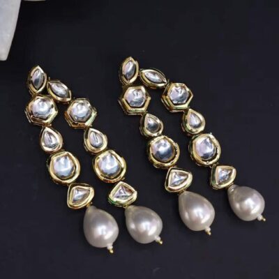 Green Kundan And Pearl Drop Embellished Earrings
