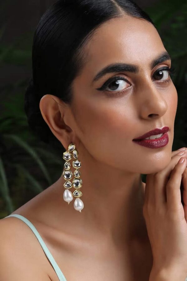 Green Kundan And Pearl Drop Embellished Earrings - Image 4