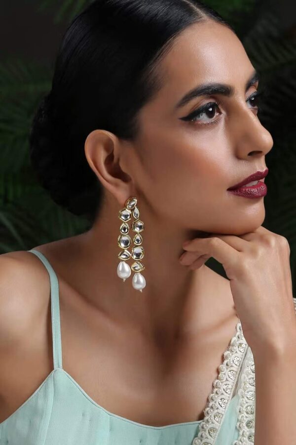 Green Kundan And Pearl Drop Embellished Earrings - Image 3