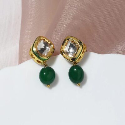 Gold Finish Kundan & Green Stone Drop Earrings