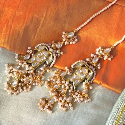 Gold Plated Kundan Earrings With Peral Kaan Chain