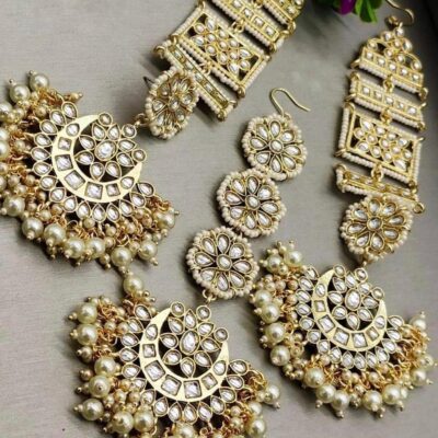 Gold-Plated Kundan & Pearl Studded Maang Tika & Earrings