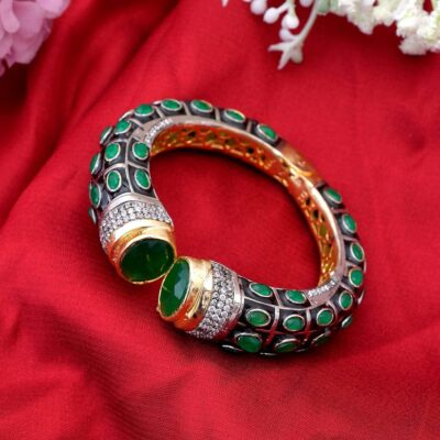 Gold Rodium Polish Green Openable Polki Bracelet Bangle