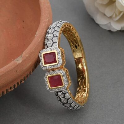 Gold Rodium Polish Red Openable Polki Bracelet Bangle