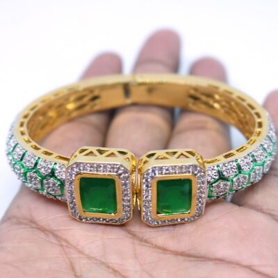 Gold Rodium Polish Green Openable Polki Bracelet Bangle