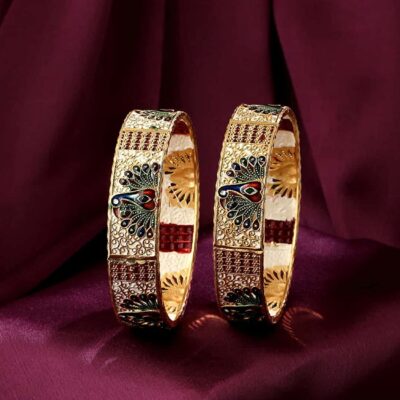 Set Of 2 Gold-Plated & Red Stone-Studded Bangles