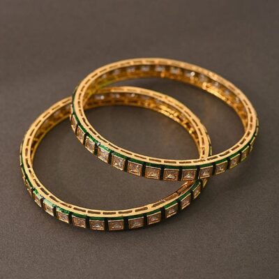 Gold Finish Green Enamelled & Kundan Polki Bangles (Set of 2)