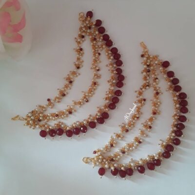 White Pearl Ear Chain With Maroon Beads