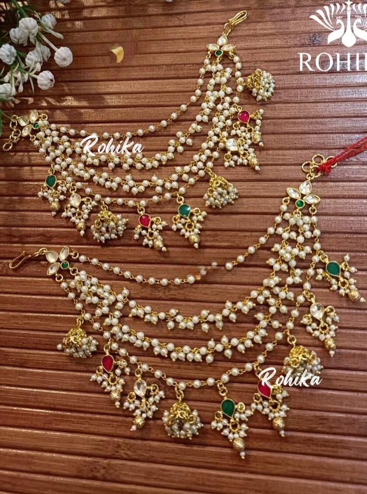 Red Green Pachi Kundan Ear Chain