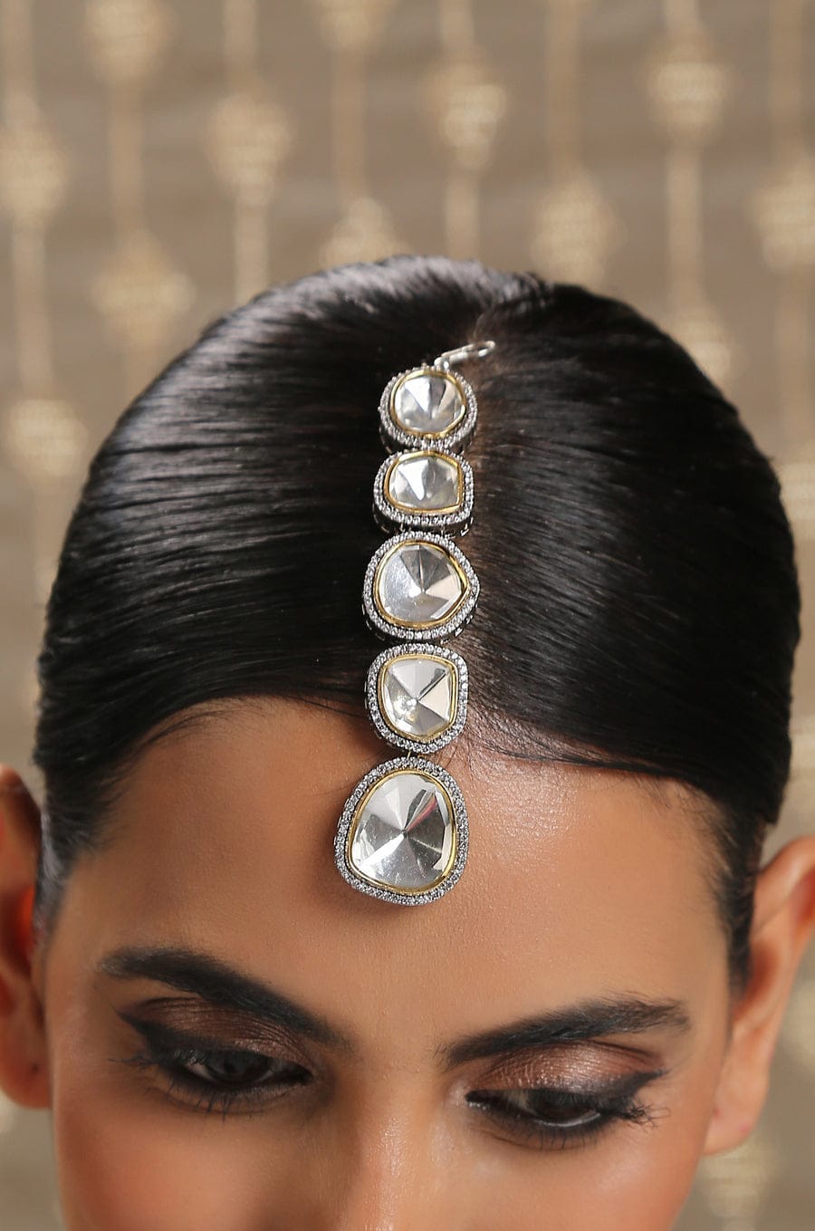 Gold Finish White Polki Maangtika - Image 5