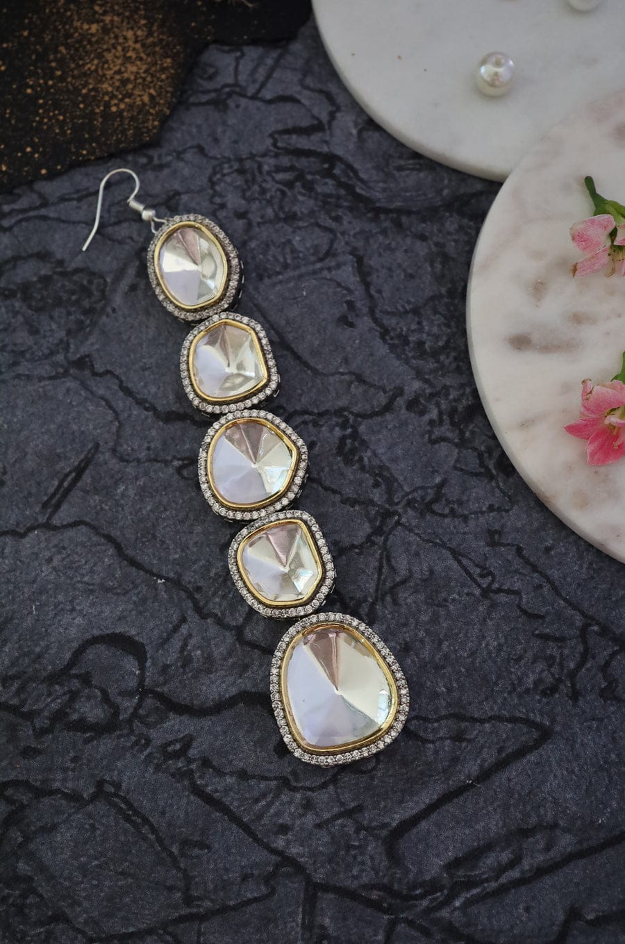 Gold Finish White Polki Maangtika