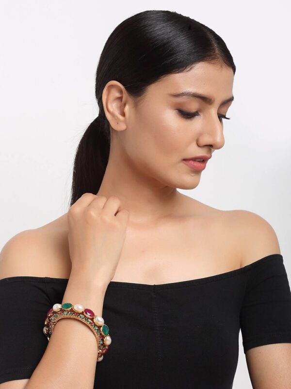 Gold-Plated Kundan Studded & Pearls Beaded Bangle - Image 2