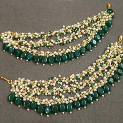 Delicate Pearl Ear Chain With Green Beads