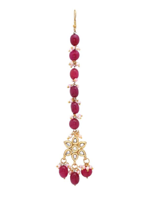 Gold-Plated Red Color Kundan Handcrafted Maangtikka - Image 3