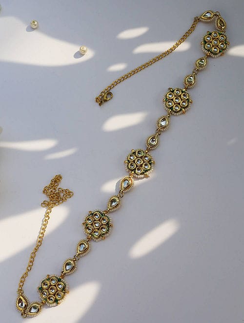 Gold Plated White Kundan Studded & Pearl Beaded Matha Patti
