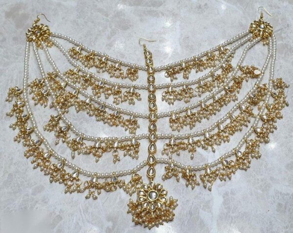 Gold-plated Kundan-studded & Pearl Beaded Matha Patti - Image 2
