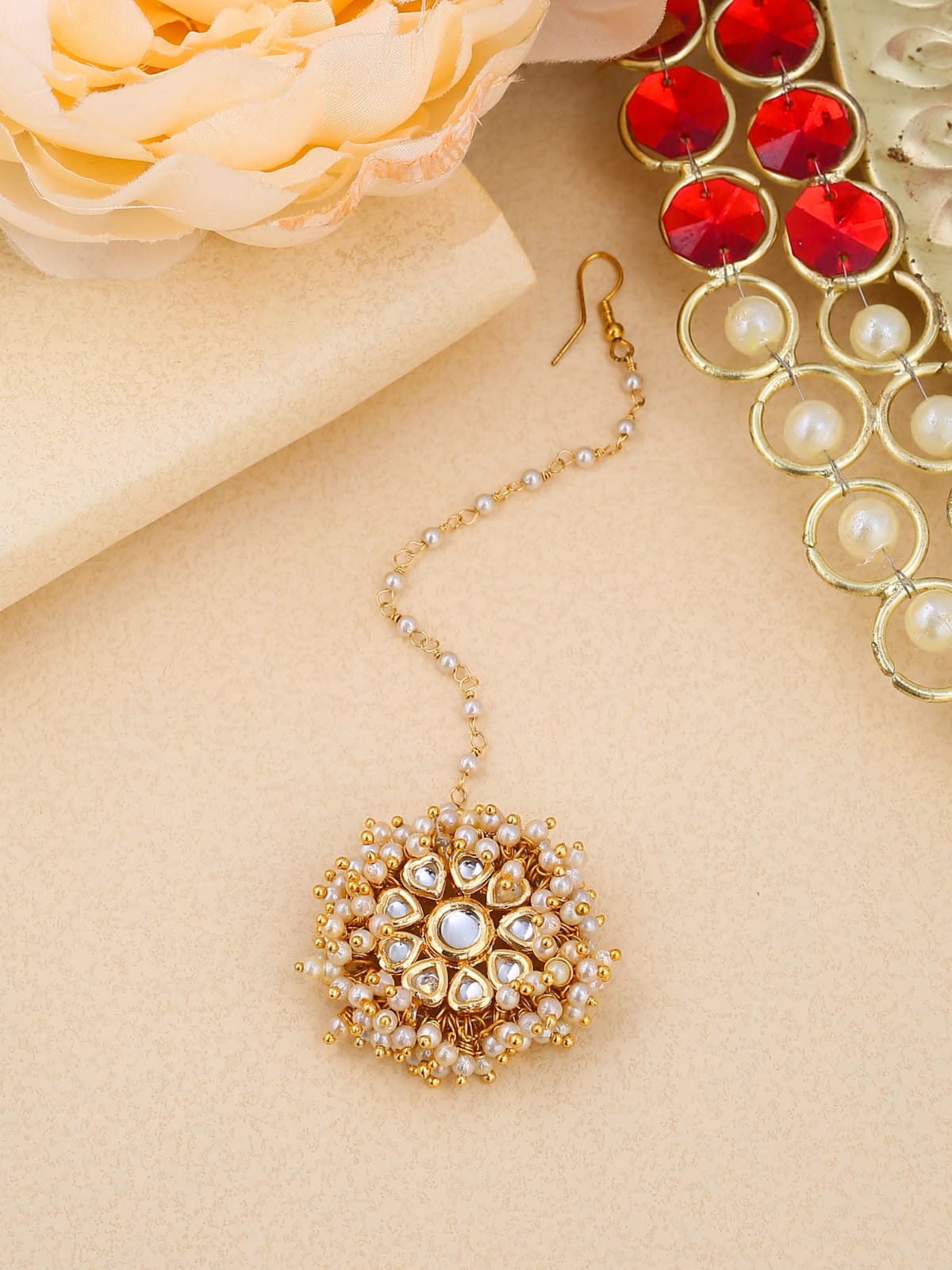 Gold-Plated Kundan Studded and Beaded Maang Tikka