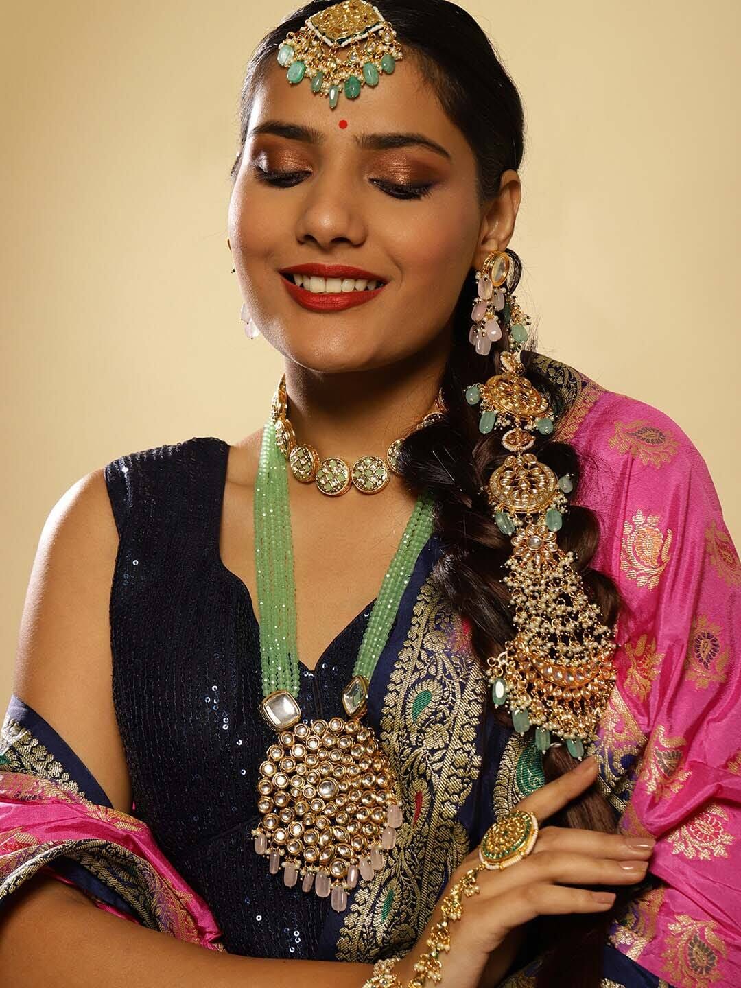 Gold-Plated White & Blue Kundan-Studded & Pearl Beaded Matha Patti