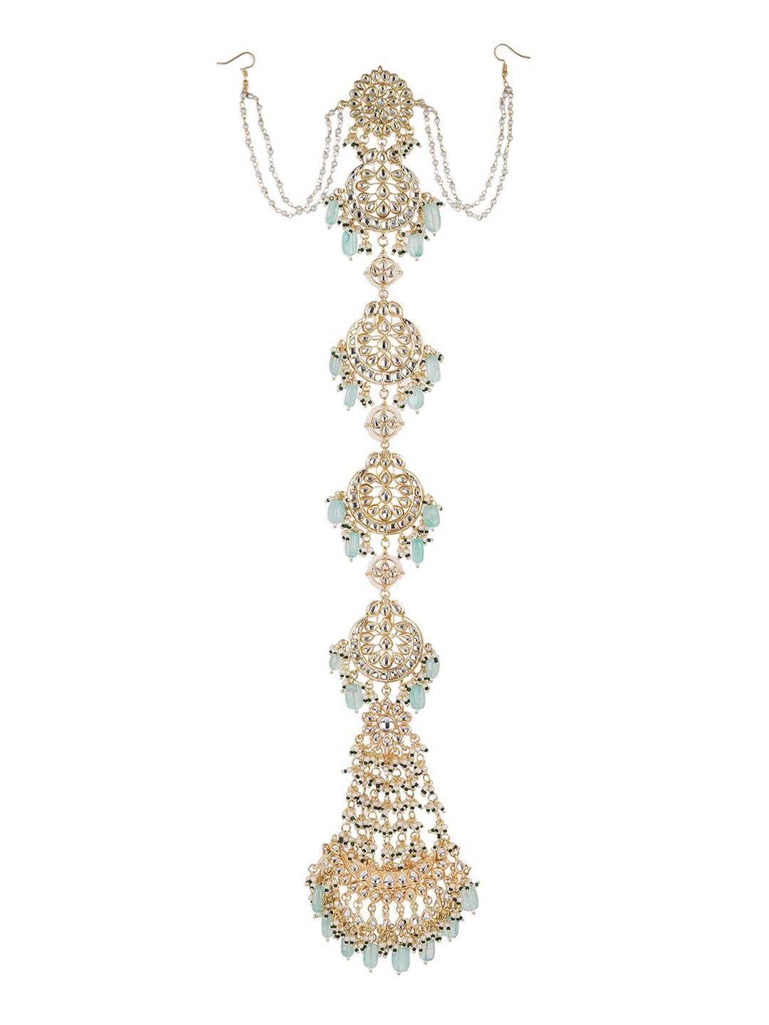 Gold-Plated White & Blue Kundan-Studded & Pearl Beaded Matha Patti - Image 4