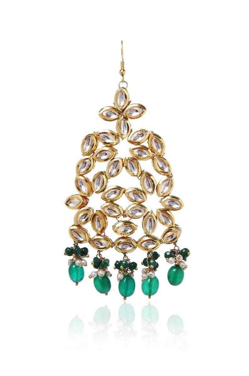 Gold Plated Green Emerald Kundan Passa Bridal Jhoomar Jewellery - Image 3