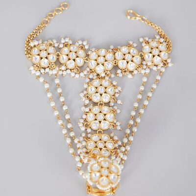 Elegant Kundan Gold Plated White Beads Hand Harness Bracelet (Pack Of 2)