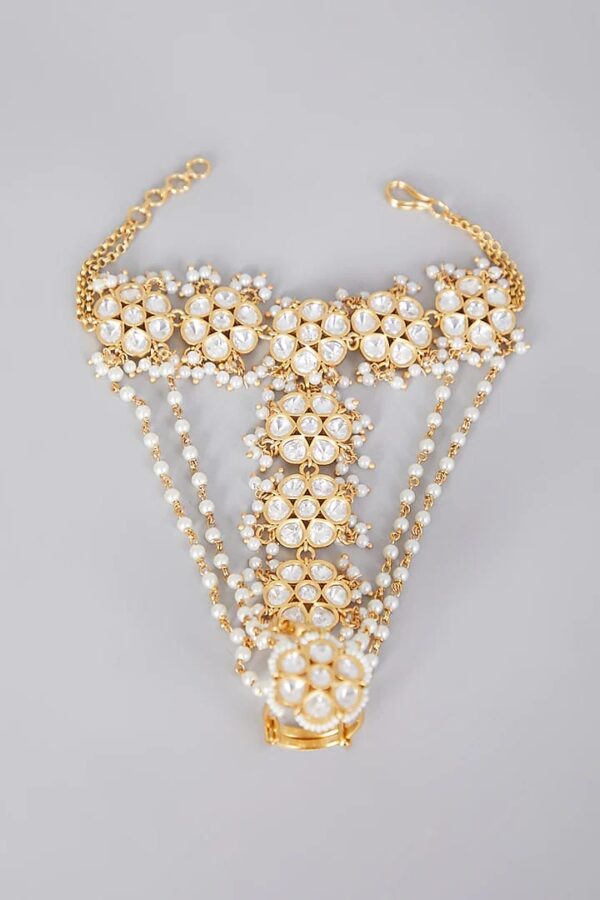 Elegant Kundan Gold Plated White Beads Hand Harness Bracelet (Pack Of 2)