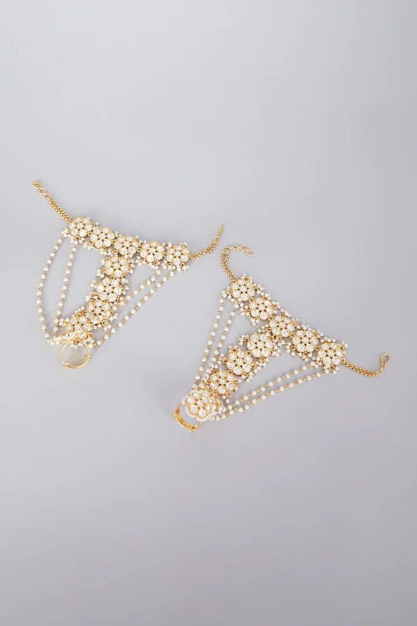Elegant Kundan Gold Plated White Beads Hand Harness Bracelet (Pack Of 2) - Image 2