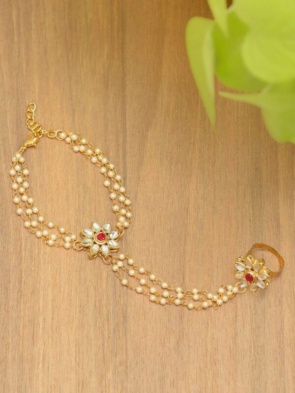 Elegant Kundan Gold Plated White Beads Hand Harness Bracelet (Pack Of 2)