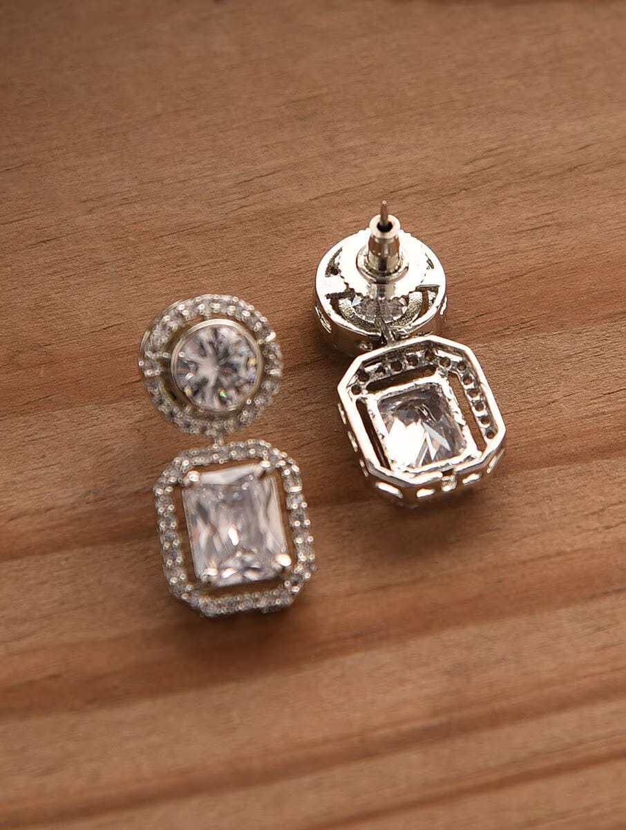 Rhodium Plated Contemporary American Diamond Studded Drop Earrings - Image 3