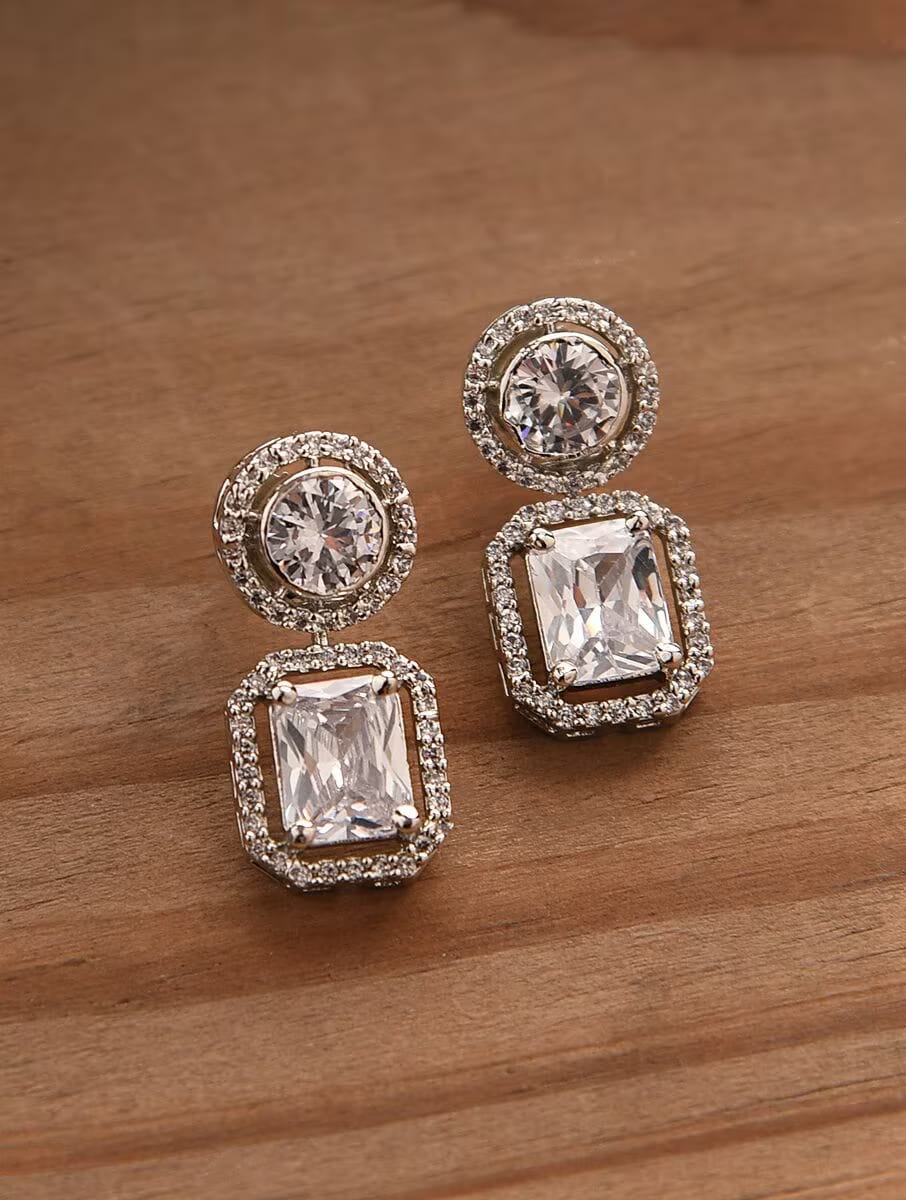 Rhodium Plated Contemporary American Diamond Studded Drop Earrings