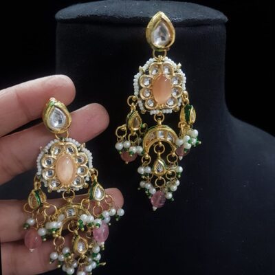 Gold-Plated Kundan & Pearls Studded Drop Earrings
