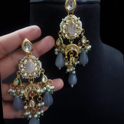 Gold-Plated Kundan & Pearls Studded Drop Earrings