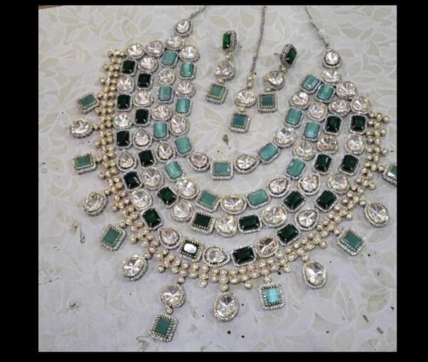Premium Bollywod Celebrity Parineeti Chopra Manish Malhotra Jewelry Inspired Emerald Green Mint Polki Kundan Heavy Indian Bridal Jewelry set - Image 2