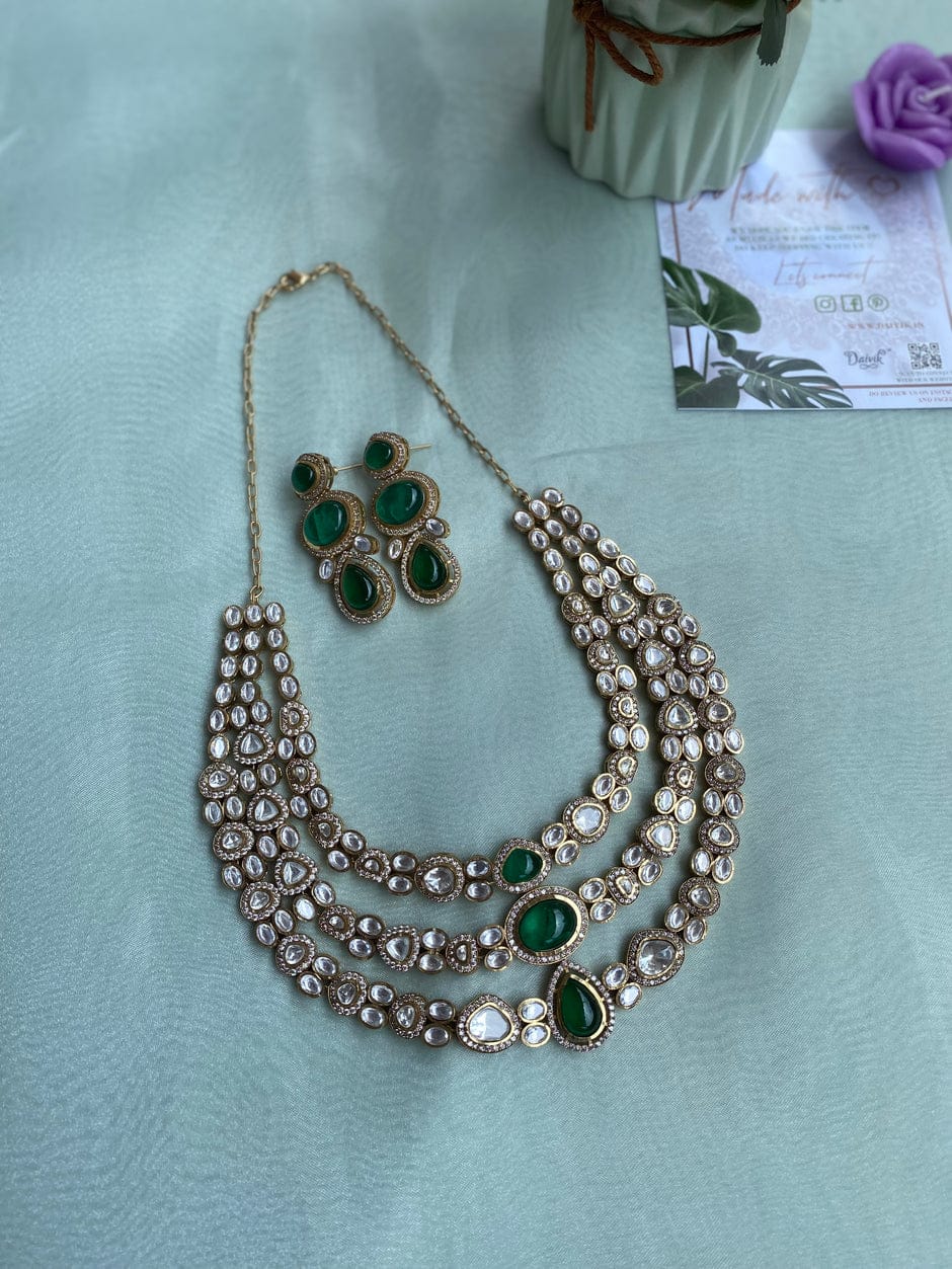 Sabyasachi Inspired Premium Victorian Three Layered Uncut Faux Moissanite Polki Kundan Emerald Green Doublet Diamond Long Necklace Earrings - Image 5