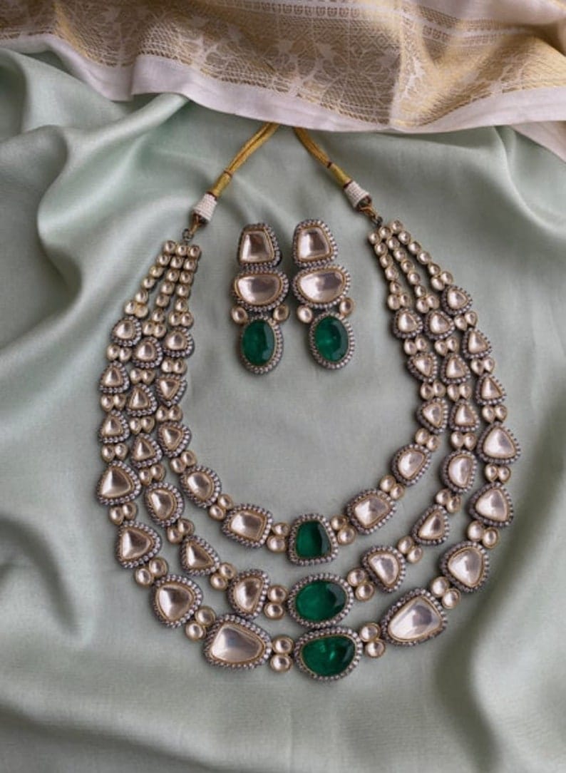 Sabyasachi Inspired Premium Victorian Three Layered Uncut Faux Moissanite Polki Kundan Emerald Green Doublet Diamond Long Necklace Earrings
