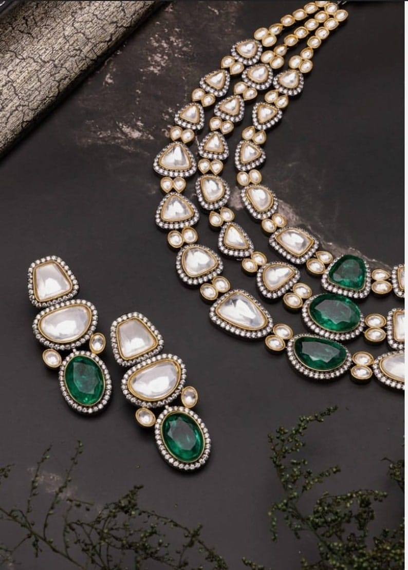 Sabyasachi Inspired Premium Victorian Three Layered Uncut Faux Moissanite Polki Kundan Emerald Green Doublet Diamond Long Necklace Earrings - Image 4