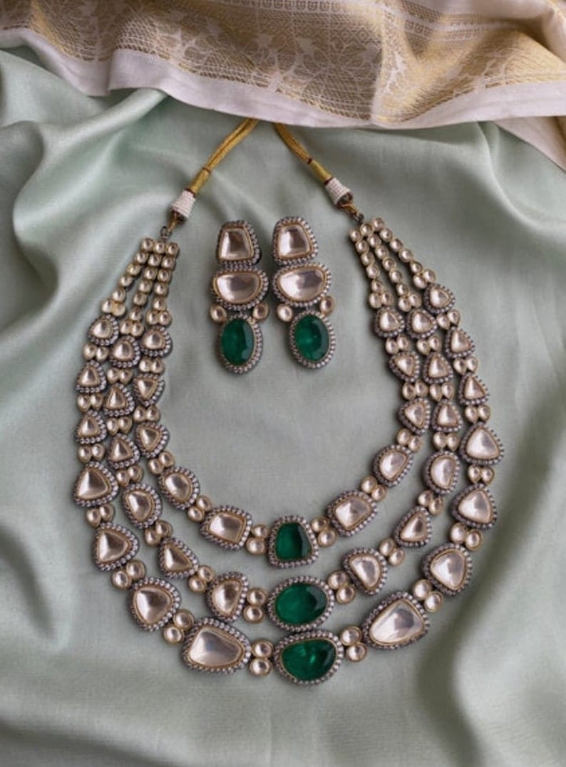 Sabyasachi Inspired Premium Victorian Three Layered Uncut Faux Moissanite Polki Kundan Emerald Green Doublet Diamond Long Necklace Earrings - Image 6
