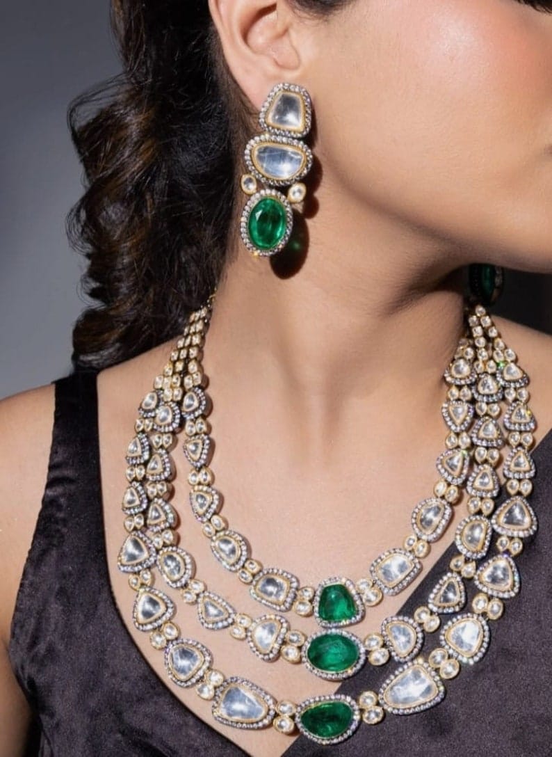 Sabyasachi Inspired Premium Victorian Three Layered Uncut Faux Moissanite Polki Kundan Emerald Green Doublet Diamond Long Necklace Earrings - Image 3