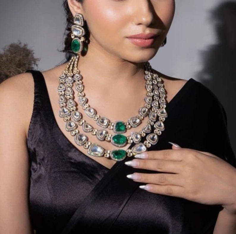 Sabyasachi Inspired Premium Victorian Three Layered Uncut Faux Moissanite Polki Kundan Emerald Green Doublet Diamond Long Necklace Earrings - Image 8