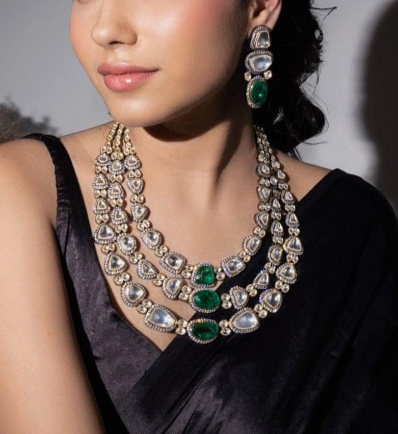 Sabyasachi Inspired Premium Victorian Three Layered Uncut Faux Moissanite Polki Kundan Emerald Green Doublet Diamond Long Necklace Earrings - Image 2