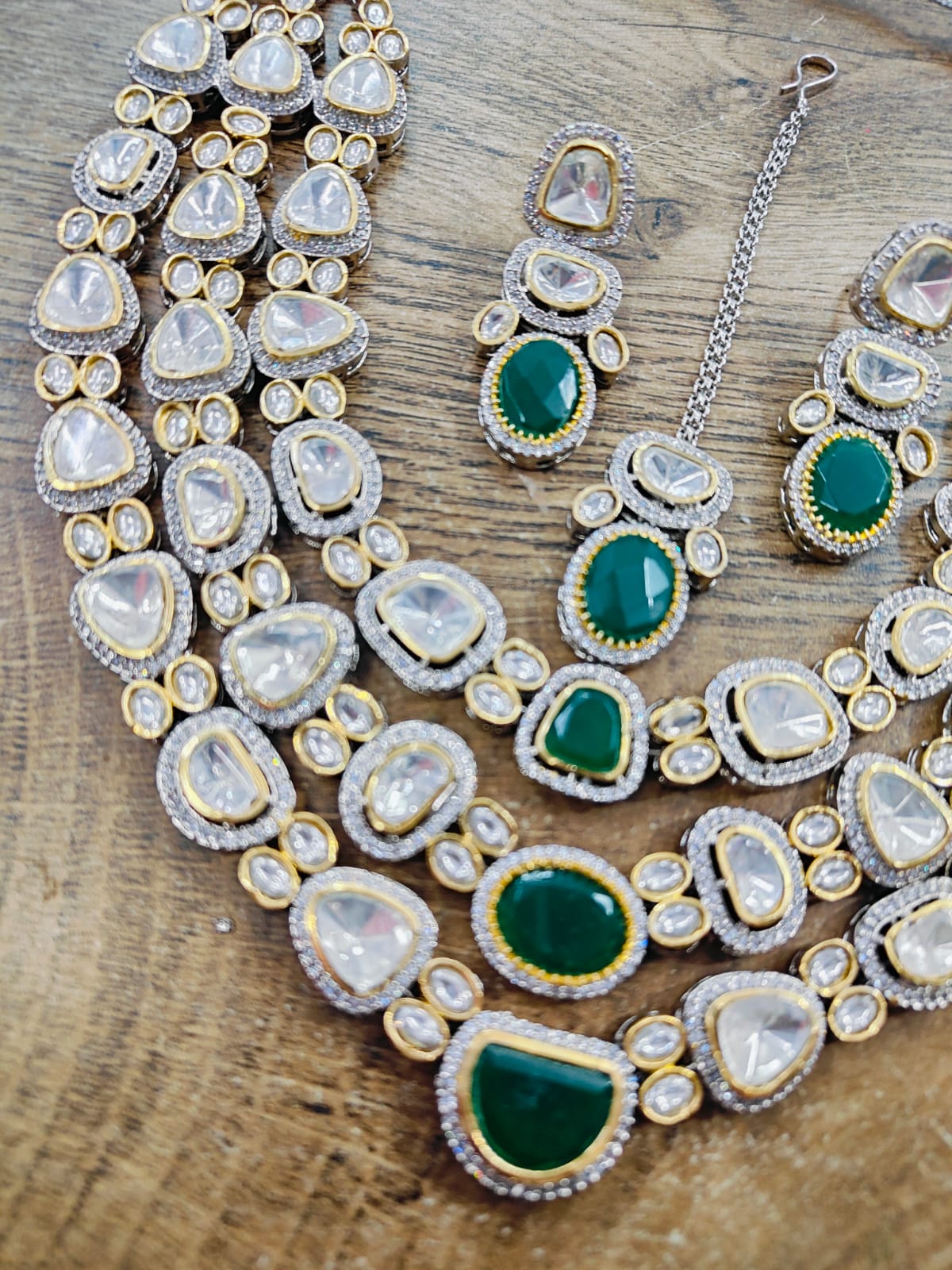 Sabyasachi Inspired Premium Victorian Three Layered Uncut Faux Moissanite Polki Kundan Emerald Green Doublet Diamond Long Necklace Earrings - Image 7