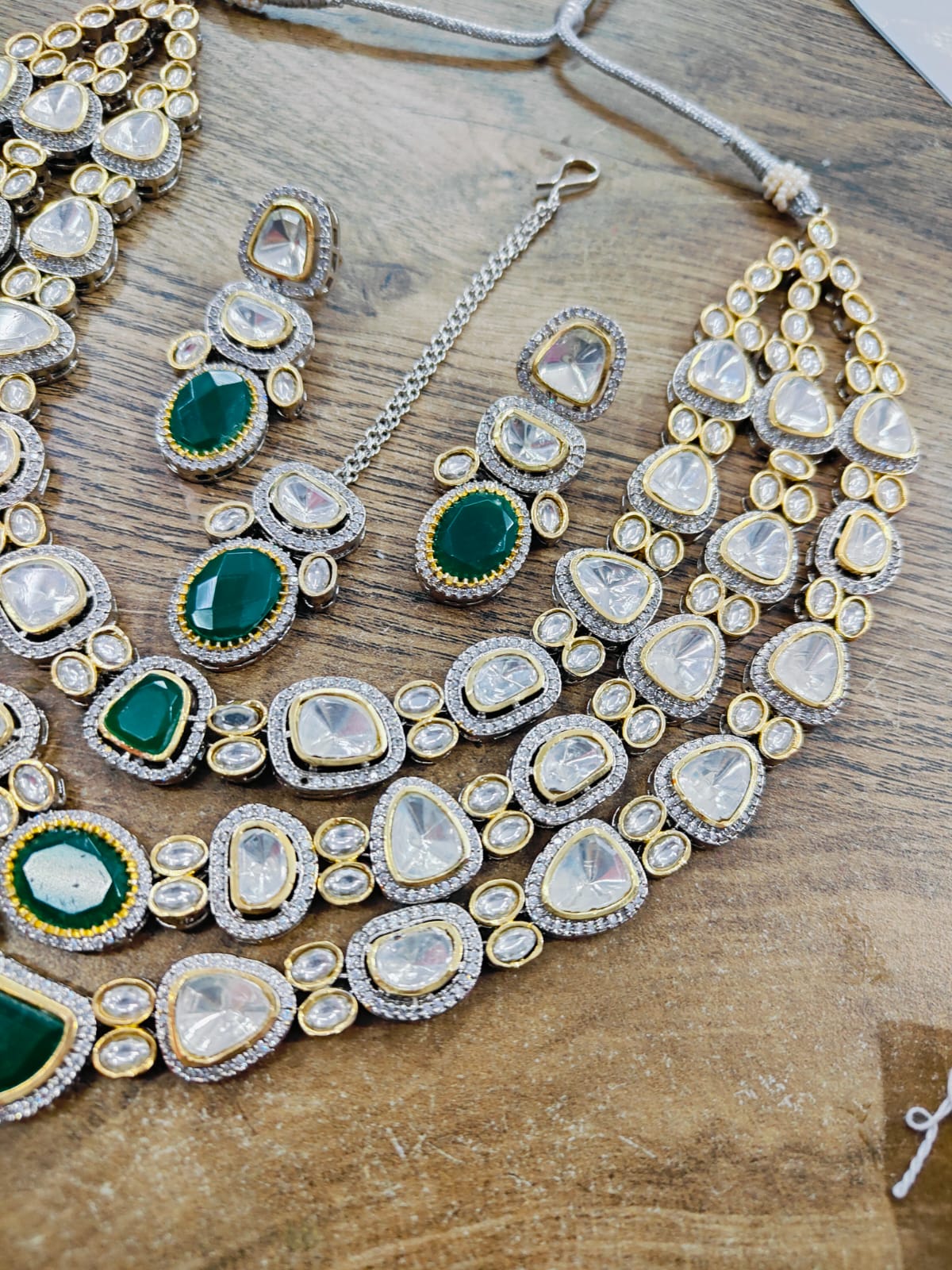 Sabyasachi Inspired Premium Victorian Three Layered Uncut Faux Moissanite Polki Kundan Emerald Green Doublet Diamond Long Necklace Earrings - Image 10