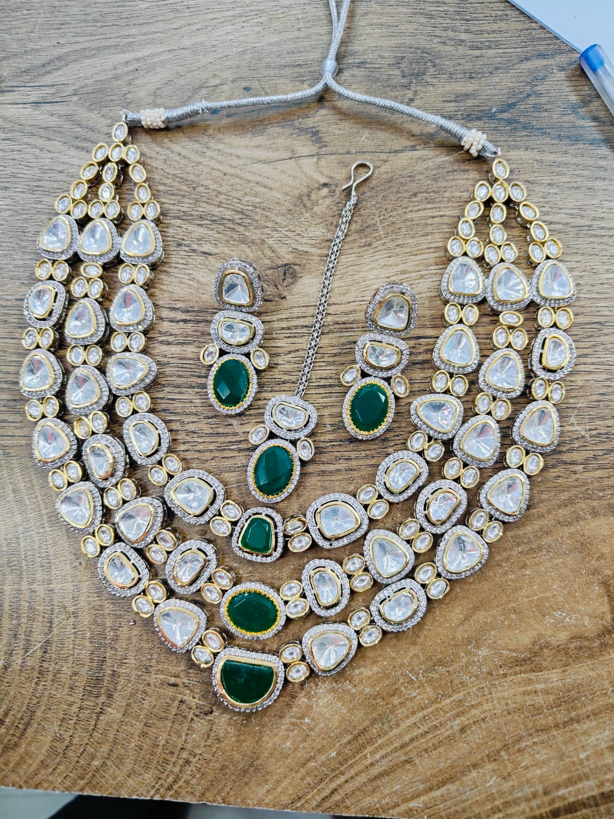 Sabyasachi Inspired Premium Victorian Three Layered Uncut Faux Moissanite Polki Kundan Emerald Green Doublet Diamond Long Necklace Earrings - Image 9