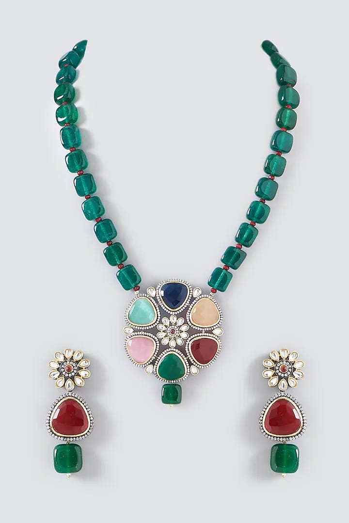 Black Rhodium Plated Green Beaded Long Pendant Necklace Set