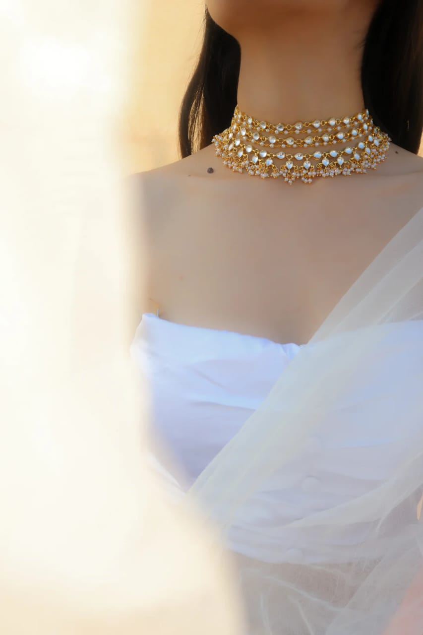 Gold Tone Kundan With Pearl Bead Choker Set