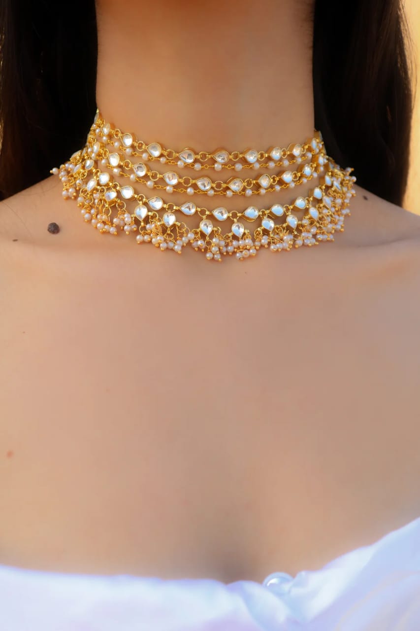 Gold Tone Kundan With Pearl Bead Choker Set - Image 2