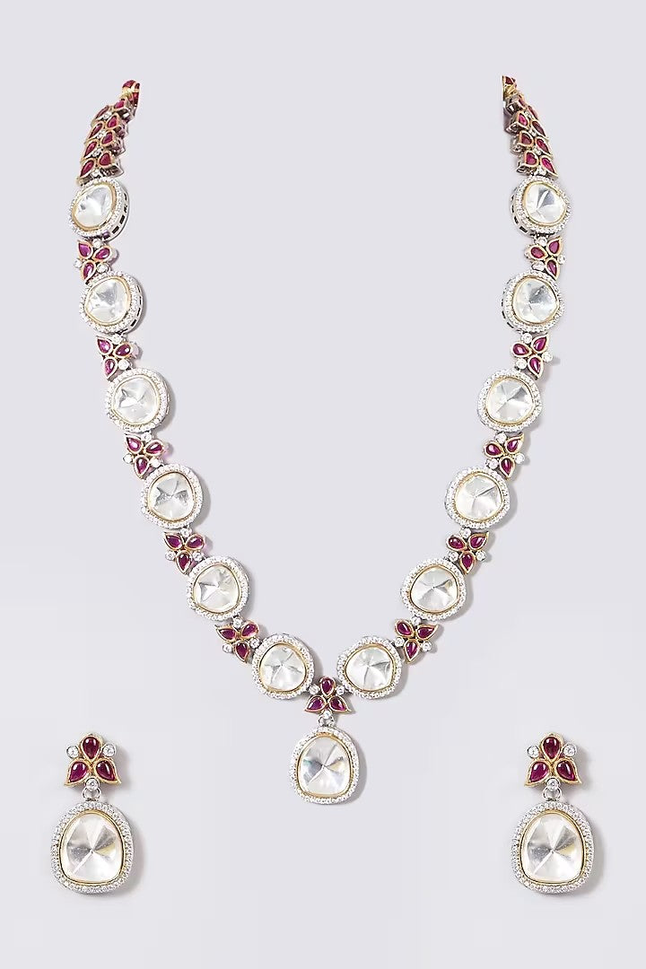 Embellished Silver Foil Polki Necklace Set