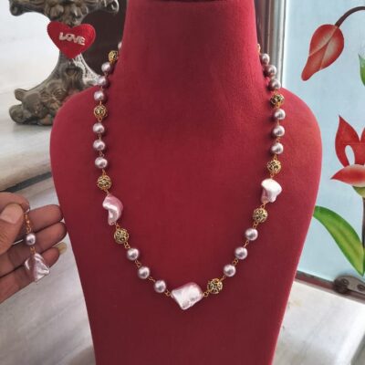 Gold Plated Bead & Onyx Stone Multicolor Necklace With Earring