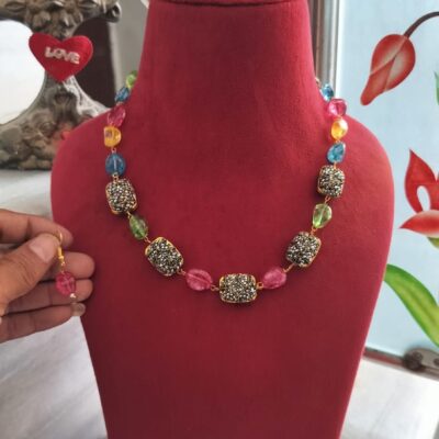 Gold-Plated Sparkling Jaipuri Beads Necklace with Earrings