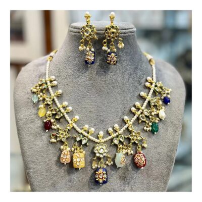 Traditional Gold Plated Pearl Multi Color Necklace With Earring